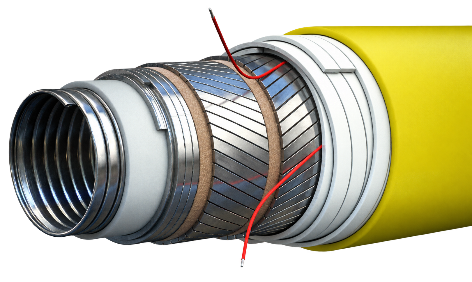 Cutaway of the layers and helical armour of a flexible riser